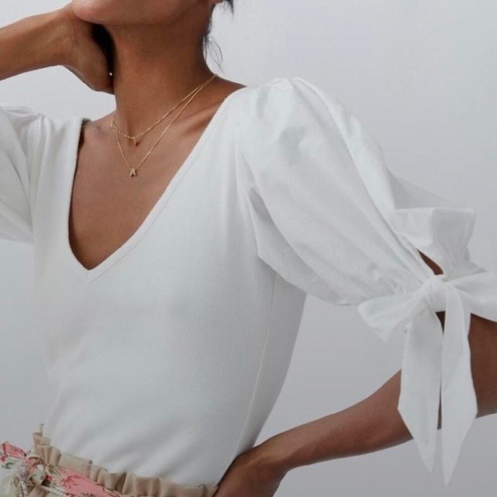 Maeve by anthropologie white tie sleeve Ribbed top Size S